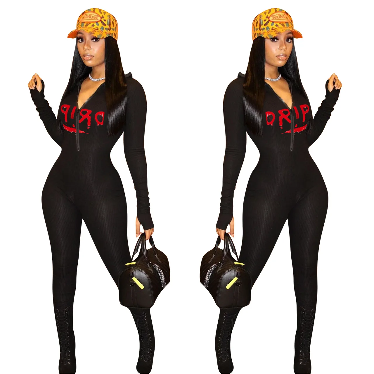 Letter Print Zipper Up Moto Biker Style Long Sleeve Bodycon Elastic Jumpsuit Women Club Party One Piece Overall Romper Black