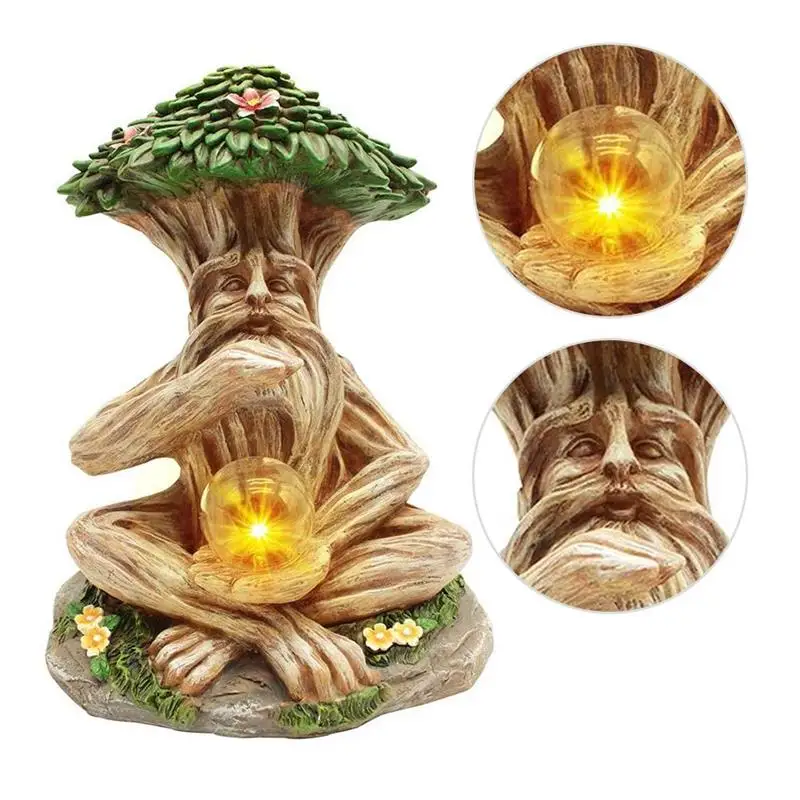 

Solar Garden Tree Man Statue Resin Figurine with Solar LED Light Fairy Garden Gnome Statue Decoration for Patio Yard Lawn Porch
