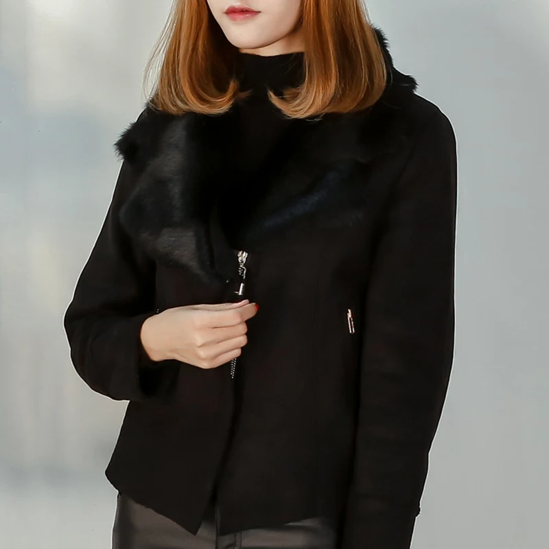 Женская Черная замшевая куртка с меховым воротником зимнее женское замшевое