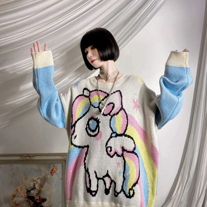 

Kawaii Cartoon Horse Sweater Pullover Jumper Women Printed Knitted Sweater Harajuku Streetwear Casual Autumn Female Sweater