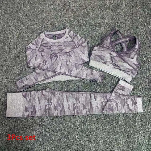 Purple 3 Pcs set 3 шт., камуфляжный бесшовный комплект для йоги, леггинсы с высокой талией, спортивный бюстгальтер с длинным рукавом, укороченный Топ для женщин, одежда для бега, спортивный костюм для фитнеса - Цвет: Purple 3 Pcs set
