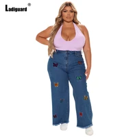 ladiguard plus size womens jeans butterflies print denim pants wide leg trouser high cut vintage jean pants vaqueros mujer 2021