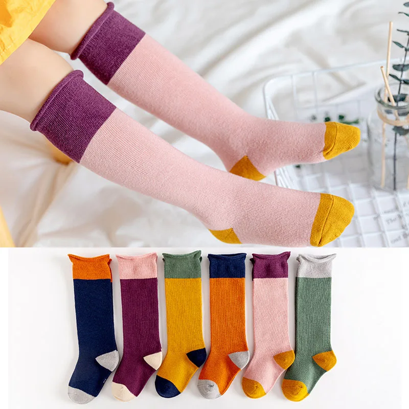

1 Pair Spring Autumn Winter Cotton Double Needle Children Breathable Socks Solid Baby Girls Knee high Socks School
