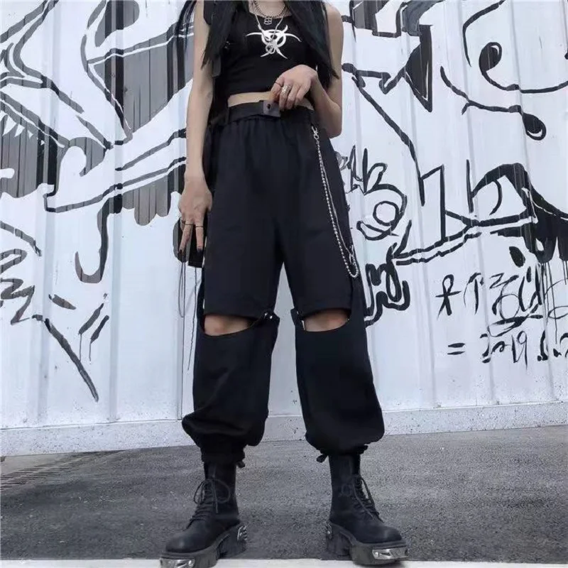 

Черные брюки-карго в стиле панк с поясом-цепочкой, Брюки E-girl со съемной талией, повседневные брюки, готические уличные брюки