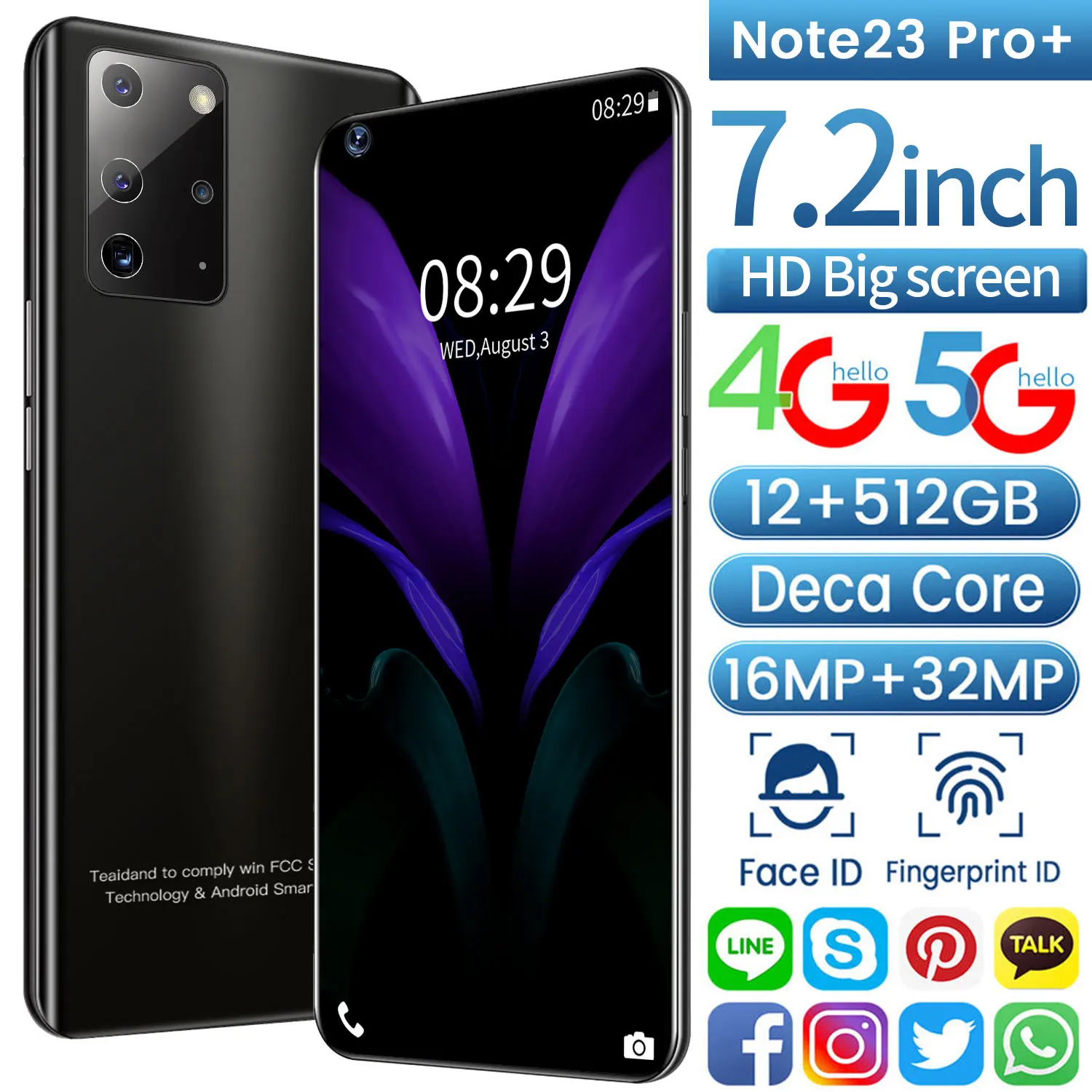 

Note23 Pro+ Smart Phone 12GB+512GB Memory Android 10 16MP+32MP Camera 7.2"HD Screen 6000mAH Battery Face ID Unlock One SIM Card