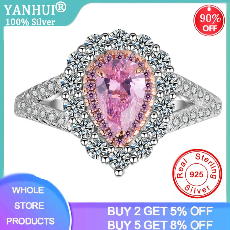 

YANHUI Tibetan Silver Wedding Rings For Women Charming Princess Bijoux Pink Stone Bridal Engagement Jewelry Drop Shipping R249