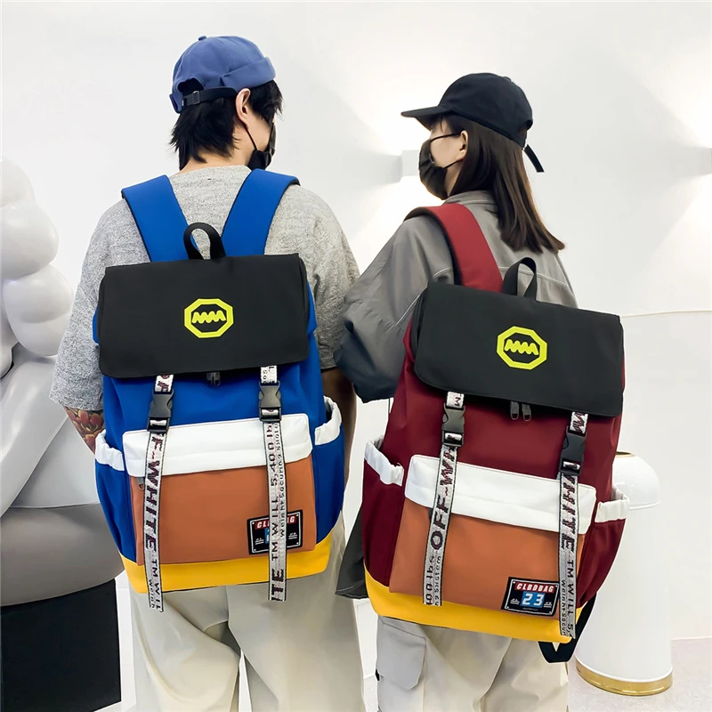 

2021 New Student Schoolbag Cool College Style High School College Student Backpack Contrast Color Nylon Backpack Male