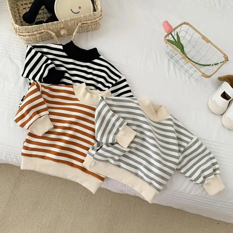 

2021 Winter Newborn Cotton Clothes Boys Fashion Keep Warm Infant Girls Wild Striped Long Sleeved Sweatshirts