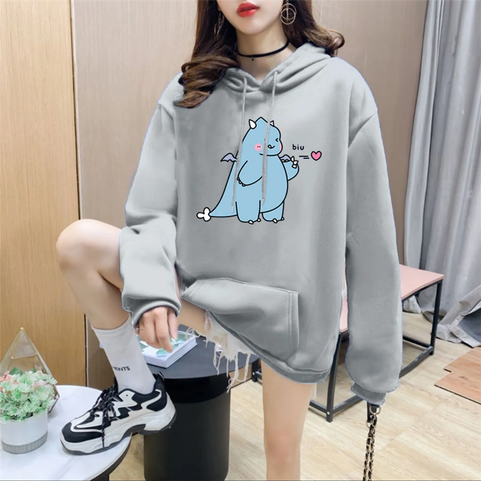 

Oversized Women Hoodie Sweatshirt 2021 New Cute Dinosaur Printing Hoodies Streetwear Pullover Tops Daily All-matched Clothes