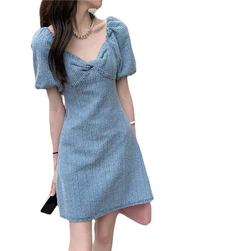 

Sexy V-Neck Backless Jeans Dress Summer Women Elegant Puff Sleeve High Waist A Line Mini Dresses Woman Vintage Blue Denim Dress