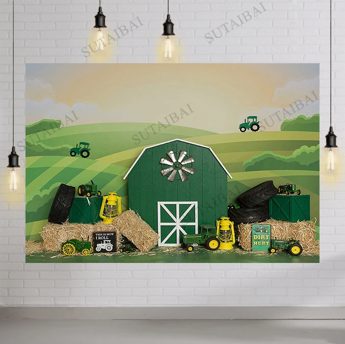 

Green Tractor Farm Theme Photography Backdrop Boy 1st Birthday Background Farm Balloon Bunting Party Decoration Banner