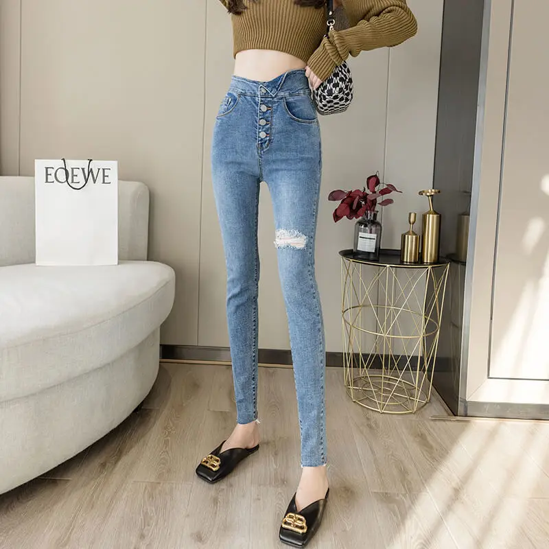 

2021 Skinny Jeans Woman High Waist Ripped Stretchy Denim Little Feet Pants Fashion Blue Wash Nine Points Pencil Pants
