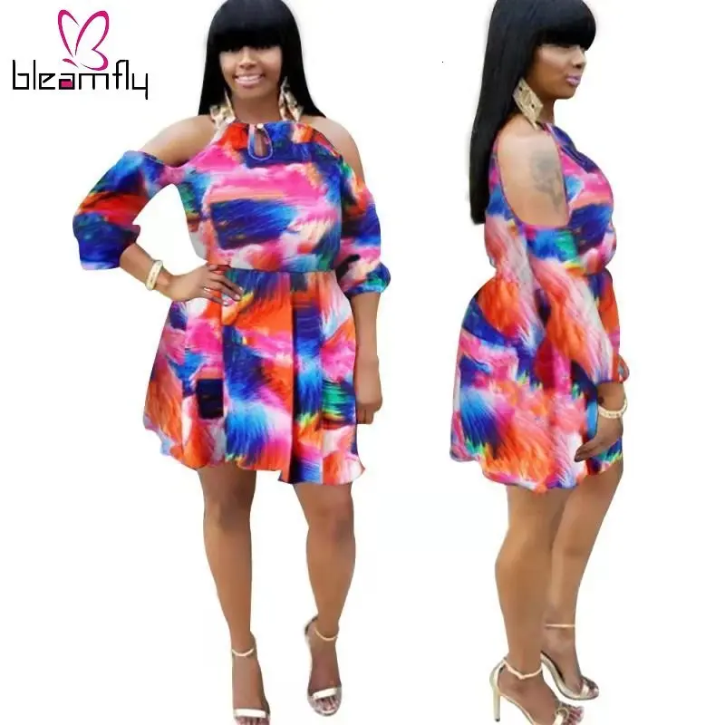 Новинка 2019 женское летнее винтажное платье с вырезами на плечах принтом Tie Dye и