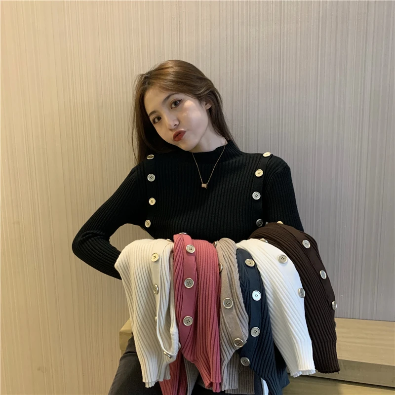 

Make firm offers new winter pure color half a turtleneck cultivate one's morality show thin buttons knit sweater render