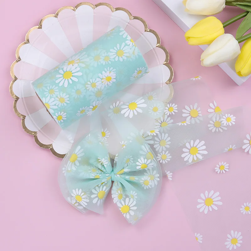 25yards 8cm12cm15cm small daisy printed mesh roll tulle ribbon fabric diy craft wedding home birthday decoration bow materia free global shipping
