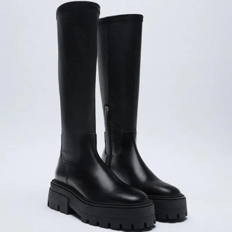 

Женские кожаные сапоги до колена, брендовые зимние сапоги на квадратном каблуке с молнией и круглым носком