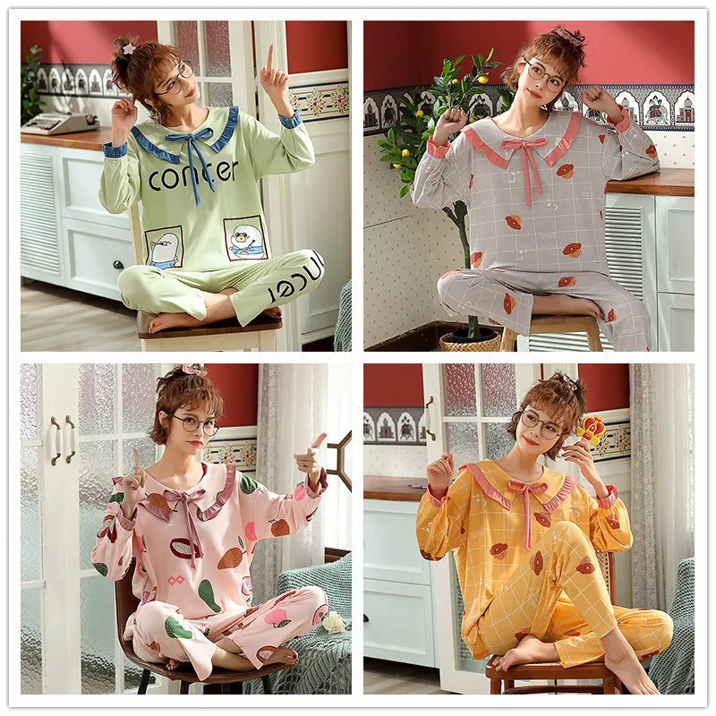 Spring New Women's Pajamas Doll Collar Princess Style Pajamas Round Neck Lovely Knitted Cotton Home Suit Pajama Set Women