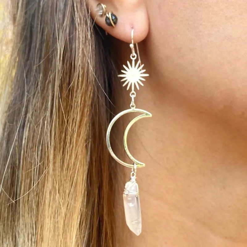 

Moon crystal earrings, crescent moon earrings, boho crystal earrings, raw stone jewelry, angel aura earrings, celestial, witchy