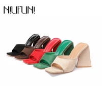 niufuni summer open toe slip on slides triangle high heels simple suede solid color pumps womens shoes gladiator sexy slippers