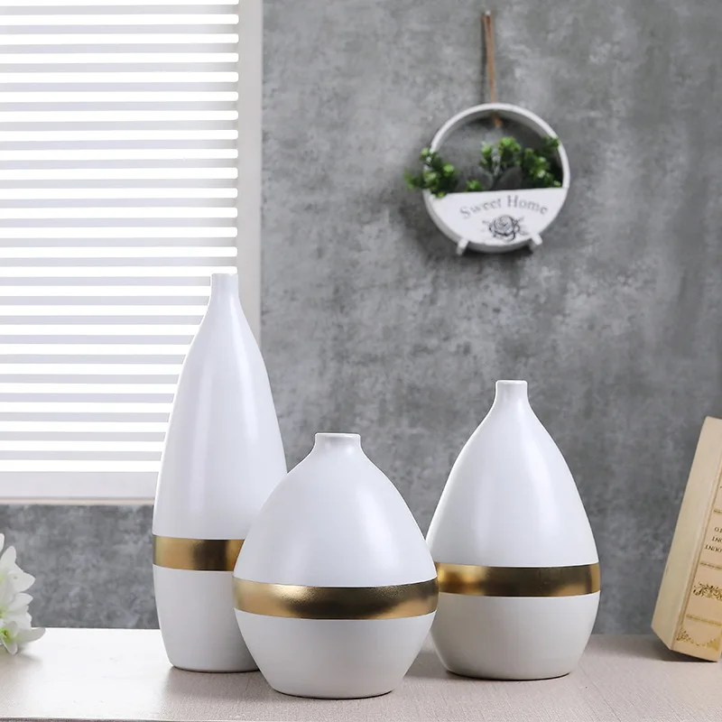 

Nordic Style Simple Jade White Ceramic Flower Vase Home Decor Gold Plating for Tabletop Vase
