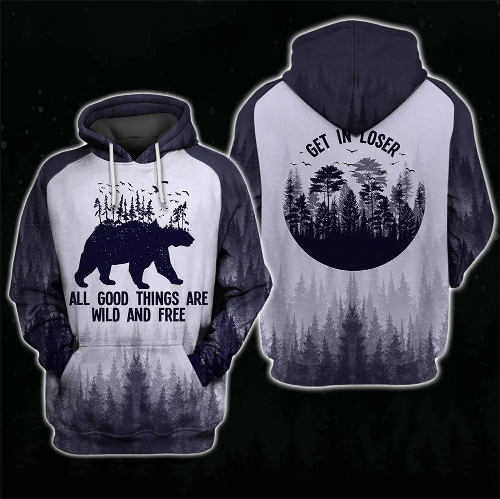 

Graffiti letters roaring bear print stitching fashion 3D hoodie