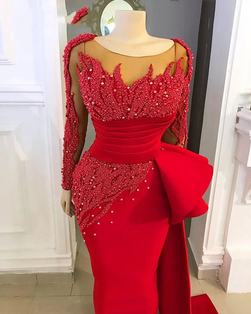 

Long Sleeves Evening Dresses 2021 Luxury Party Dubai Mermaid Pearls Beaded African Women Red Formal Prom Gown Plus Size