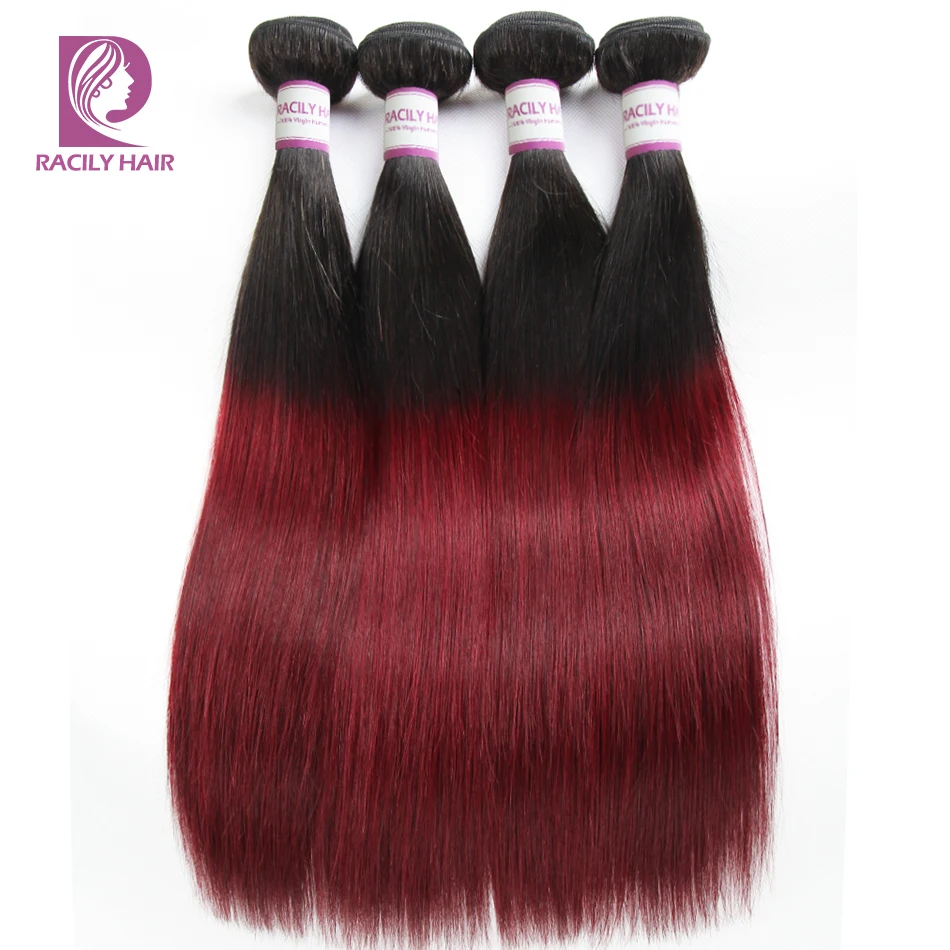 Омбре бразильские прямые волосы пучки с фронтальной Remy бордовый человеческие