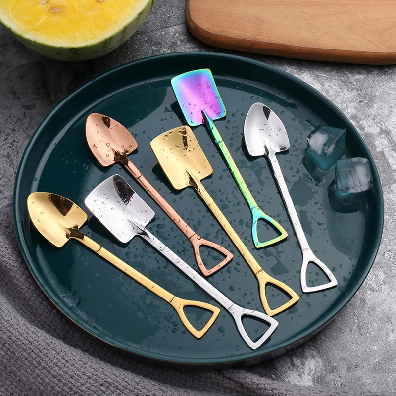 Creative Stainless Steel Ice Cream Coffee Spoon Shovel Shape Shell Tea Spoons 3 Colors Afternoon Dessert Long Handle | Дом и сад
