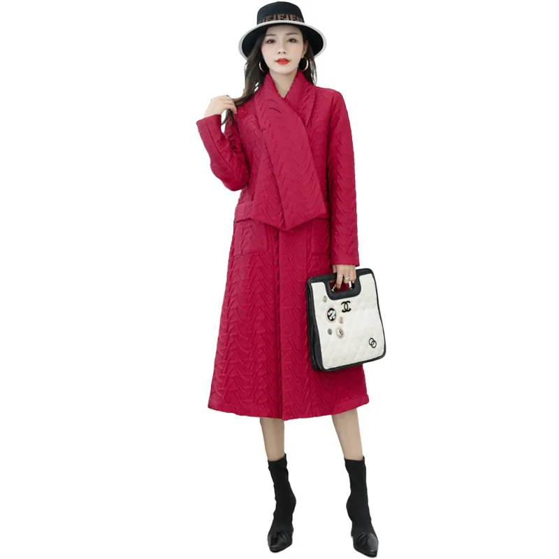 

New Women's Autumn And Winter Scarf Collar Single Row Button Versatile Casual Long Sleeve Coat Loose Cotton Padding