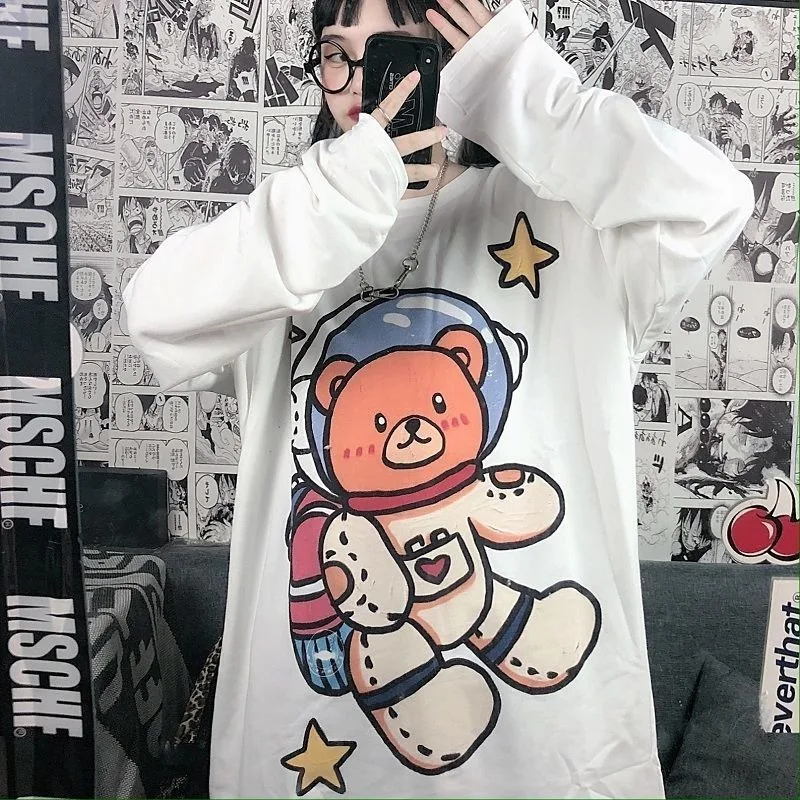 

QWEEK Kawaii Bear Tshirt Women 2021 Girls Pink Long Sleeve Top Women Streetwear Korean Fashion T Shirt for Women E Girl T Shirt