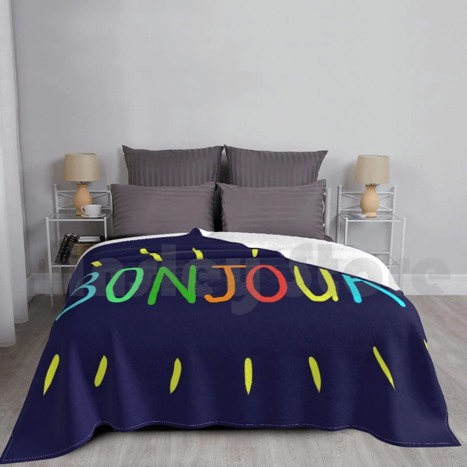 

Bonjour Blanket Super Soft Warm Light Thin Hello Positive Sayings Positive Words Colorfull Rainbow Typography Hand Writing