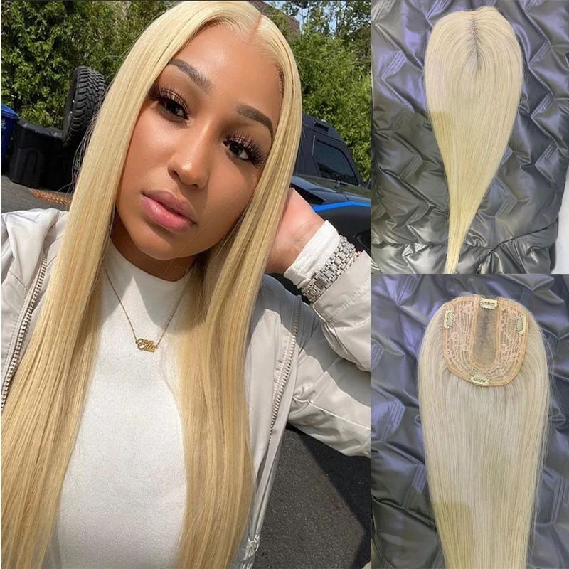 Hair Piece Remy Human Hair Extensions Topper For Women Machine Lace +Weft Toupee Clips Natural Straight Ash Blonde Colored