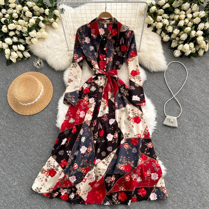 

Vintage Shirt Dress Woman Long Sleeve Sashes Floral Dresses for Women 2021 Button Turn-down Collar A-Line Female Dress Autumn