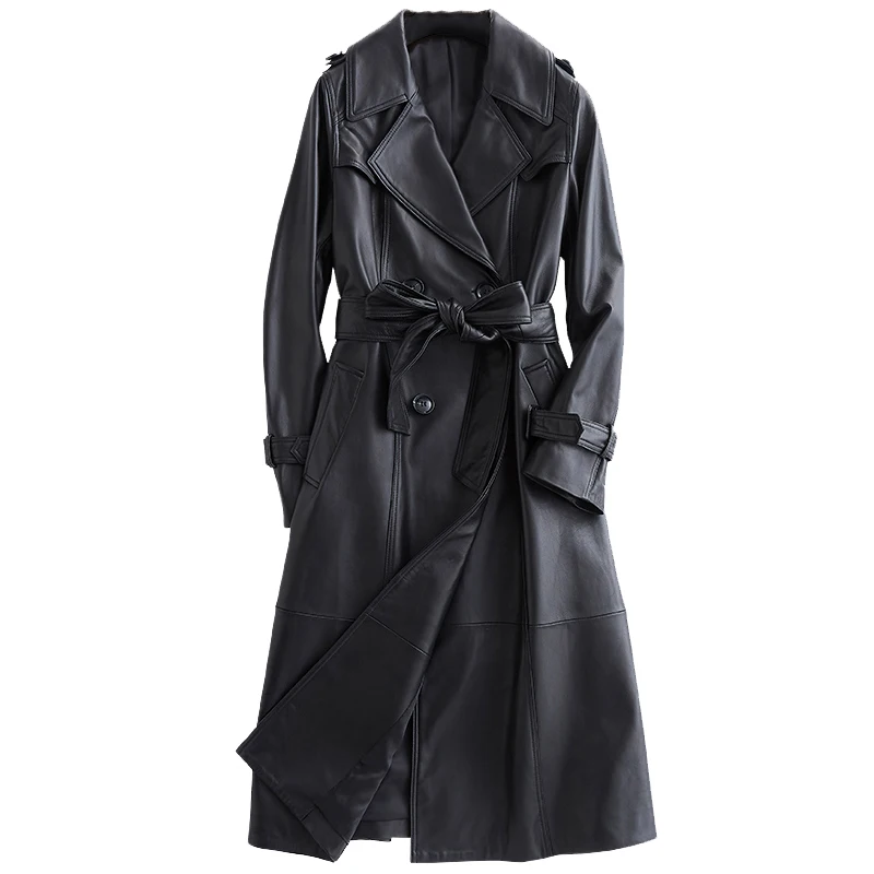 

Lautaro Long black leather trench coat for women long sleeve belt lapel Women fashion 2020 Luxury spring plus size outerwear 7xl