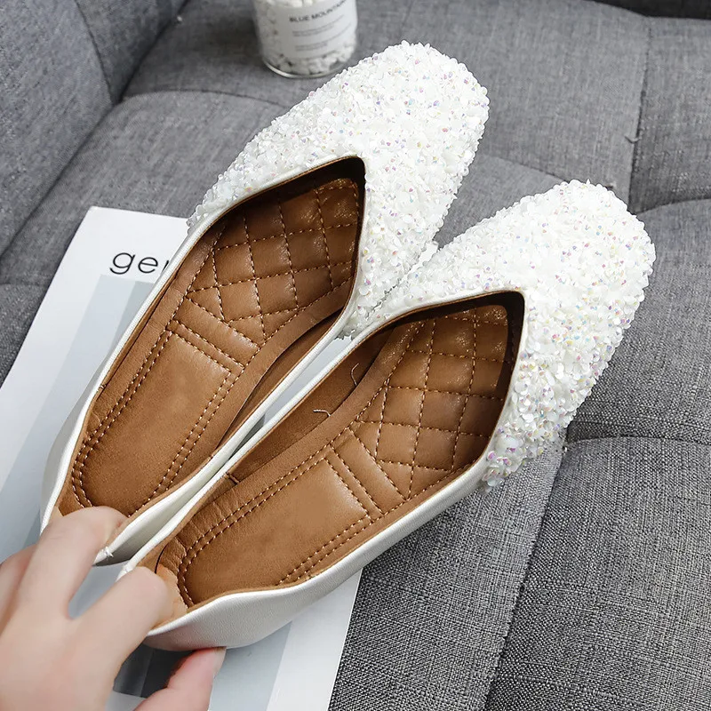 Crystal Sneakers Women Fashion Comfy Slip on Loafers Lady Casual White Pu Leather Square Toe Office Flat Shoes Zapatos Talla 43