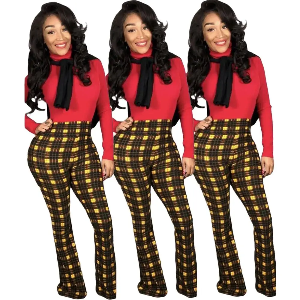 

Women's High Wasit Plaid Printed Bell trousers Fashio Long Pants popular Style