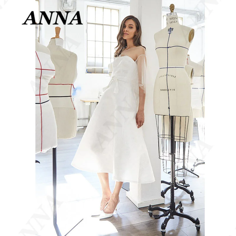 

Anna Beauty Wedding Dress 2021 Simple O-Neck Beach Party Gown Short Elegant Bow Backless Vestido De Noiva Civil Women Skirt