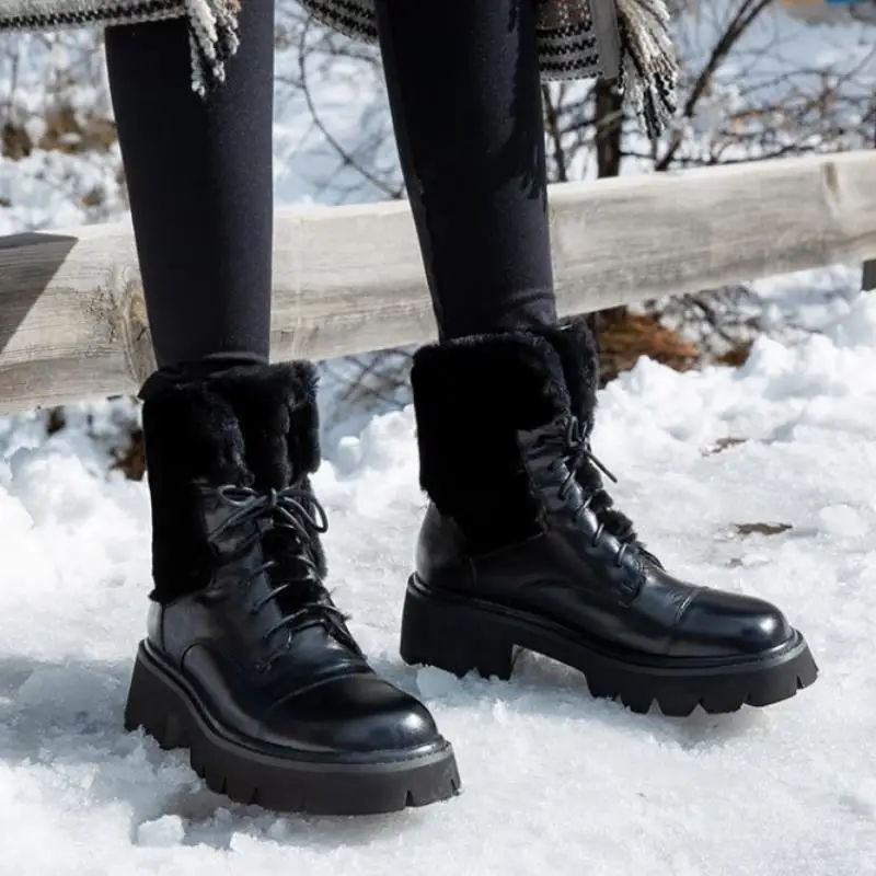 

Rizabina Women Real Leather Shoes Half Short Boots Winter Warm Plush Fur Boots Women Fashion Lace Up Footwear Size 34-39