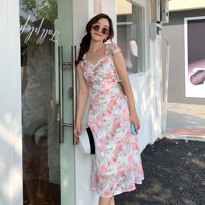 

Summer Women Floral Elegant Midi Dress Robe Green Vintage A-Line Dress Ladies Vestidos