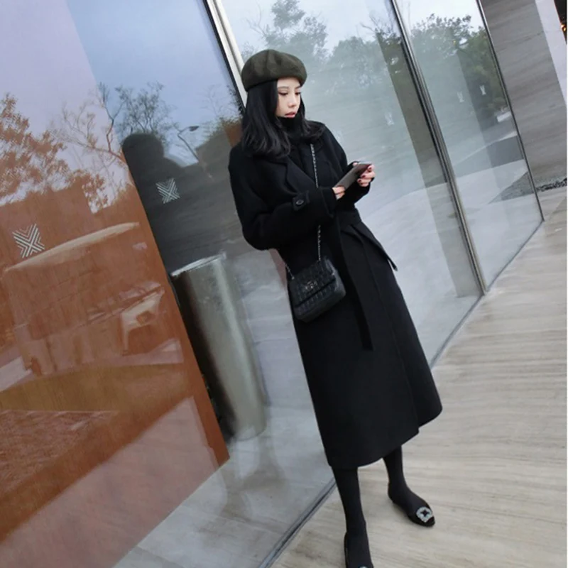 Женское шерстяное Смешанное пальто осенне-зимнее черное длинное кашемировое