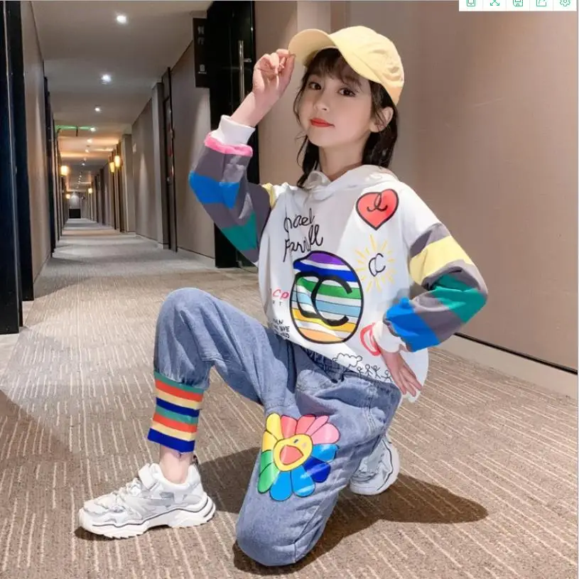 

Girls sets 2020 spring autumn new fashion print tops + denim pants 2cps sets children casual suits hot selling 4-14Y ws1464
