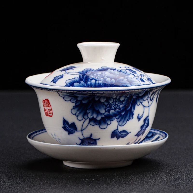Китайская сине белая фарфоровая чашка gaiwan с цветочным принтом под глазурью tureen