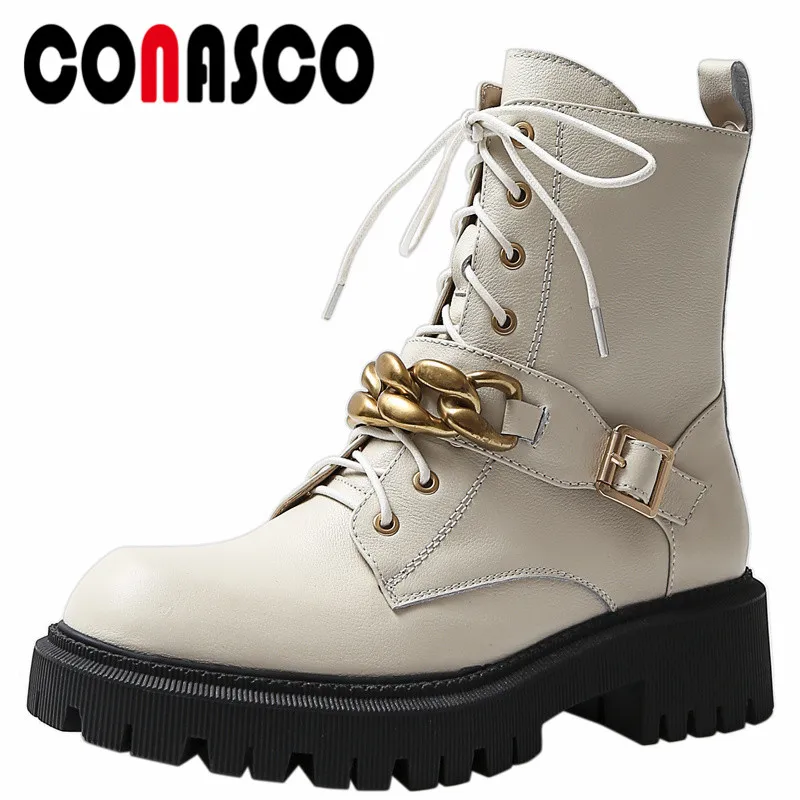 

CONASCO Fashion Women Ankle Boots Autumn Winter Warm Cow Leather Causal Party Prom Shoes Concise Metal Chain Punk Boots Woman