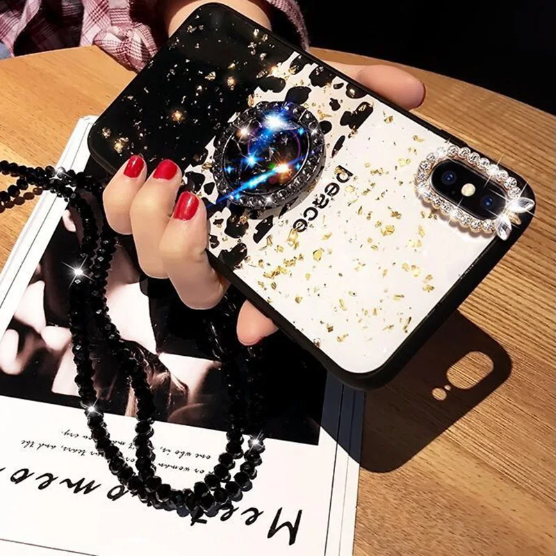 

Glitter Leopard Print Necklace Lanyard Phone Stand Holder Soft Case For Samsung S21 Ultra S30 S20 Plus S10E S9 S8 Note 20 10 9 8