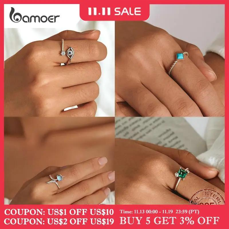 

bamoer 925 Sterling Silver Green Square Gemstone Open Ring Demon Eye Crystal Moonstone Fox Ring for Women Geometric Turquoise