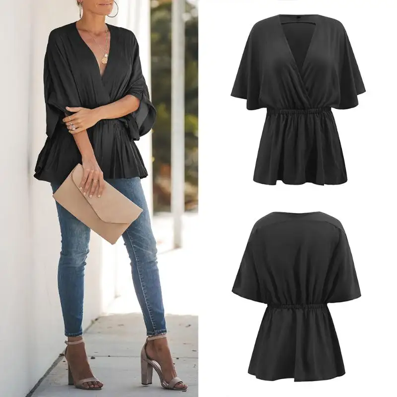 Модная женская офисная блуза Женские однотонные пуловеры с рукавом летучая мышь