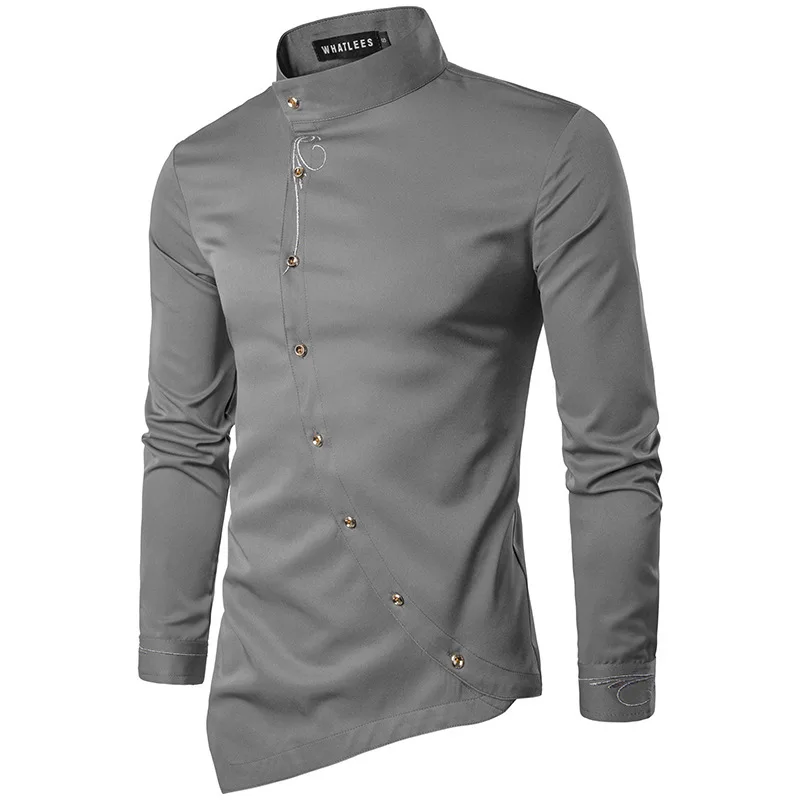 

New fashion men's personality XieJin single-breasted embroidered flowers inclined hem shirt long sleeve shirt