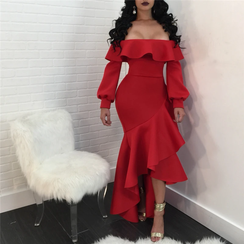 

European Sexy Bodycon Dress Autumn Women Ruffled Irregular Mermaid Dress Long Sleeve Slash Neck Elegant Party Dress Red Vestidos