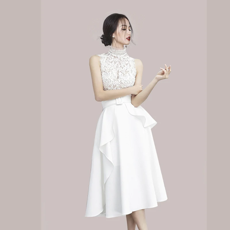 

Women Dress 2021 Runway Designer Women Elegant Stand Collar Lace Patchwork High Waist Retro White Ruffles A Line Dress Vestidos