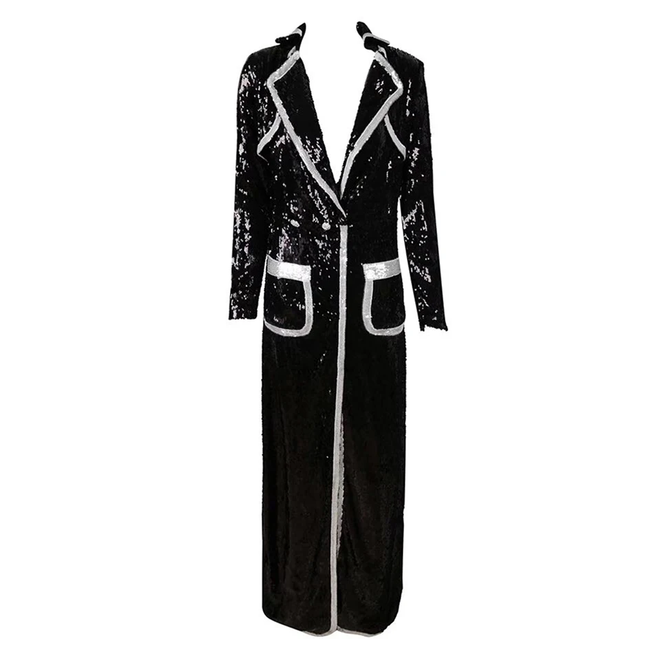 

Fashion Summer Women's Coat Black Sequins V Deep Long Sleeve Double-breasted Long Coat Women's Maxi Jacket 2020 New
